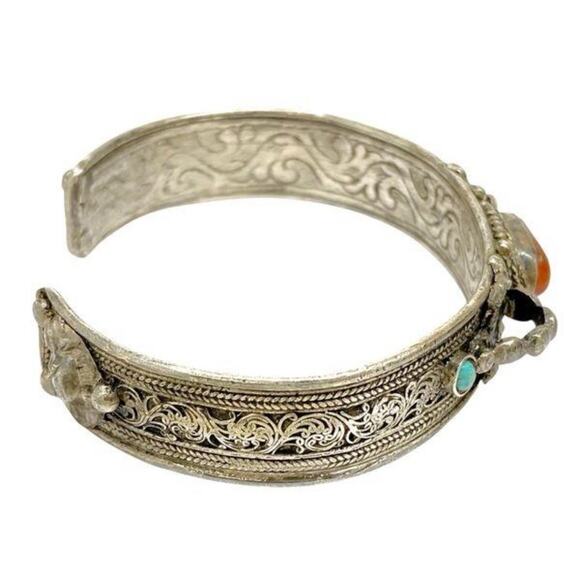 VTG Sterling Silver Turquoise Red Coral Cuff Bracelet- Ornate Design Adjustable - Picture 12 of 15